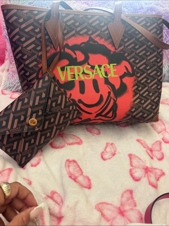 Versace Handbags - Versace Brown Tote with Neon Red Logo and Lime Accents